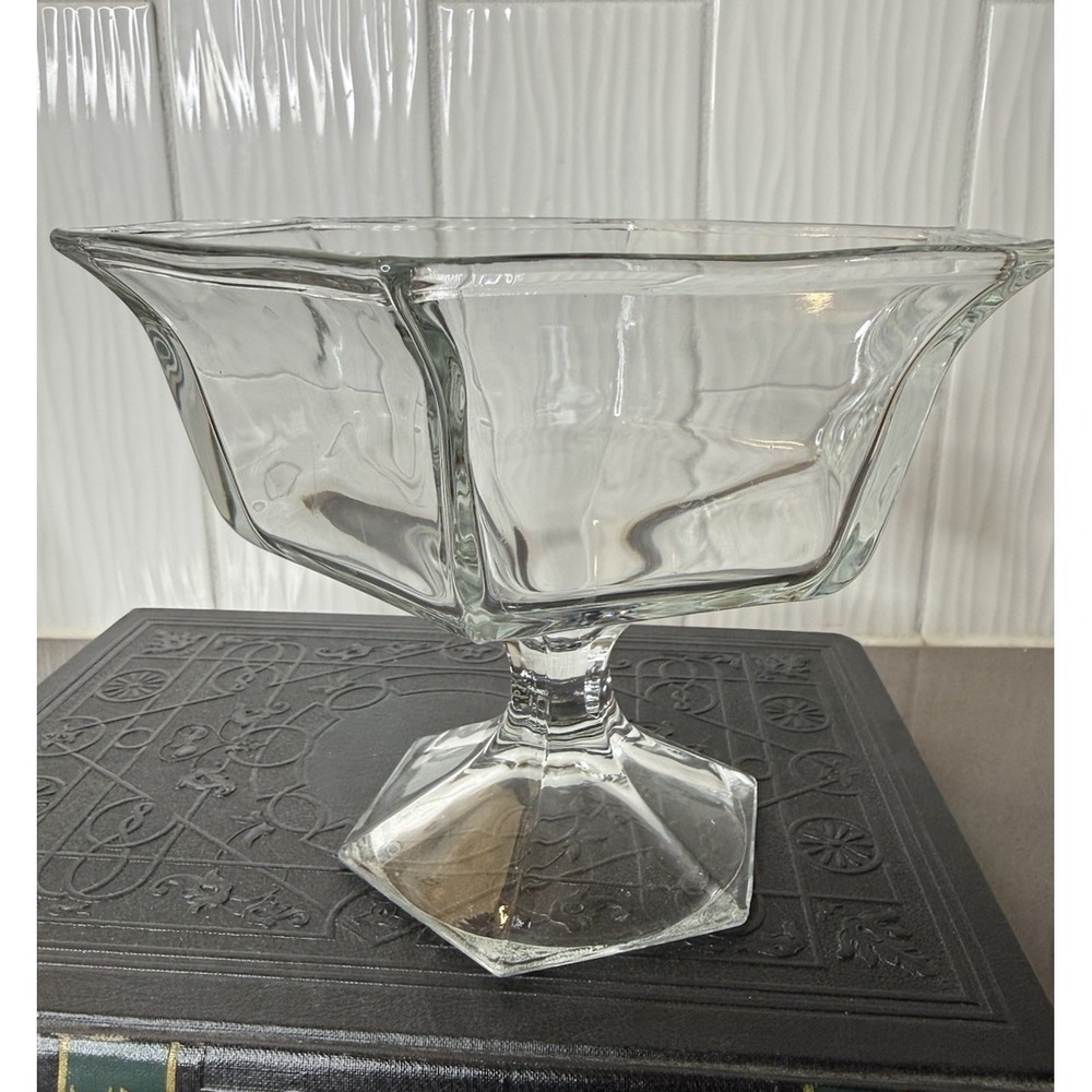 Vintage Crystal Hexagonal Centerpiece Compote Bowl 6.5"W x 5.5"H Pedestal EUC